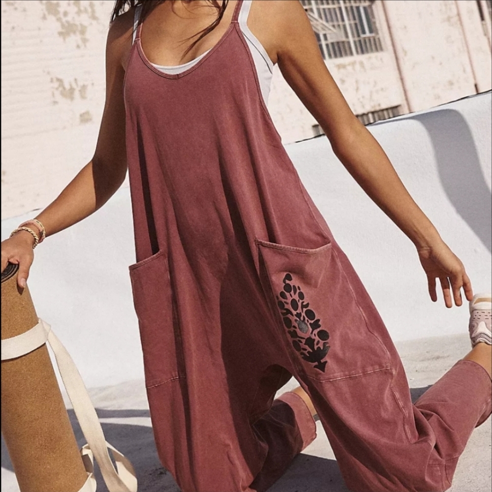 New Free People FP Movement Hot Shot Logo Onesie Mocha Combo Overalls Jumpsuit L - Picture 5 of 16